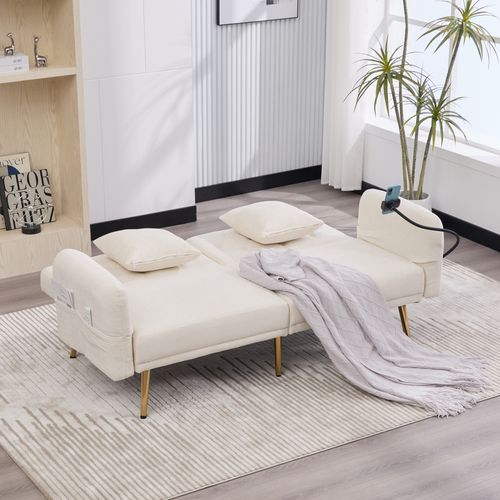 Canapé Convertible 2 Places, Dossier Réglable, 2 Ports USB, Poches Latérales, Tissu Chenille, Beige