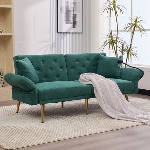 Canapé Convertible 2 Places, Dossier Réglable, 2 Ports USB, Poches Latérales - Émeraude