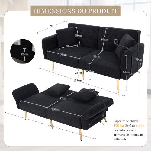 Canapé Convertible 2 Places, Dossier Réglable, 2 Ports USB, Poches Latérales, Tissu Chenille - Noir