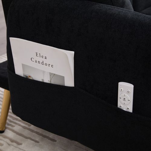 Canapé Convertible 2 Places, Dossier Réglable, 2 Ports USB, Poches Latérales, Tissu Chenille - Noir