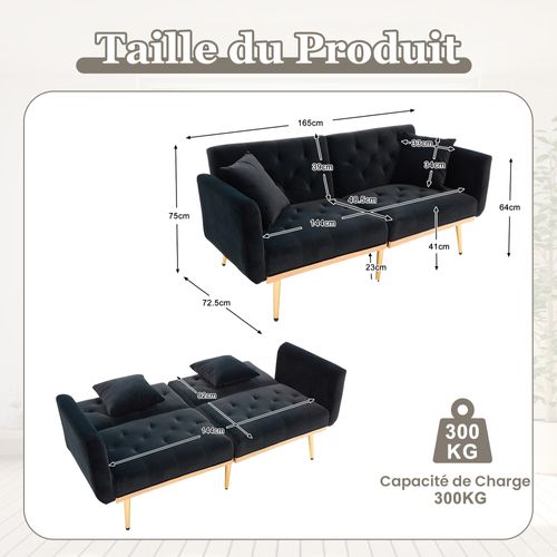 Canapé Convertible 2 Places, Dossier Réglable, Coussins, Pieds Métal, Tissu Velours - Noir