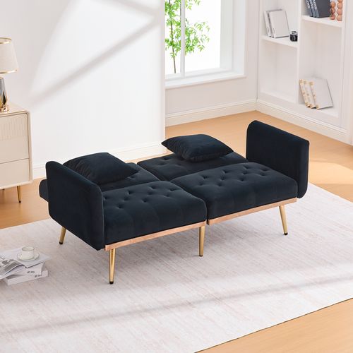 Canapé Convertible 2 Places, Dossier Réglable, Coussins, Pieds Métal, Tissu Velours - Noir