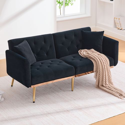 Canapé Convertible 2 Places, Dossier Réglable, Coussins, Pieds Métal, Tissu Velours - Noir