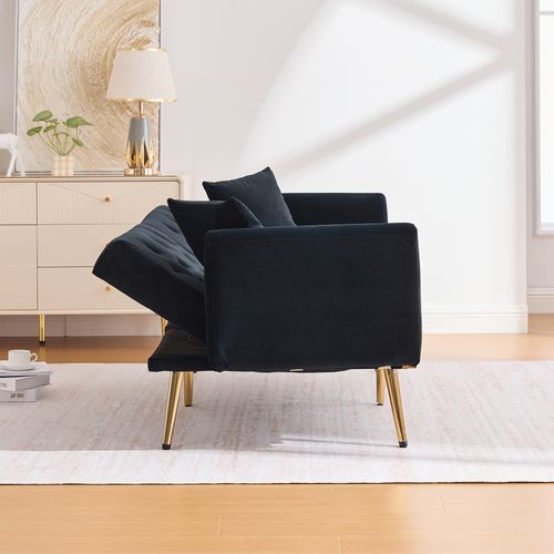 Canapé Convertible 2 Places, Dossier Réglable, Coussins, Pieds Métal, Tissu Velours - Noir