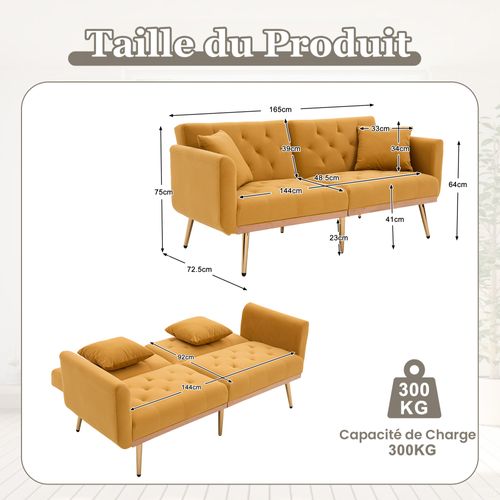 Canapé Convertible 2 Places, Dossier Réglable, Coussins, Pieds Métal, Tissu Velours - Jaune