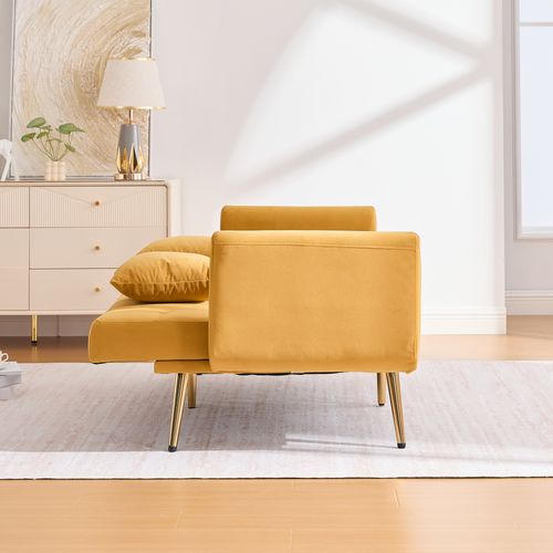 Canapé Convertible 2 Places, Dossier Réglable, Coussins, Pieds Métal, Tissu Velours - Jaune