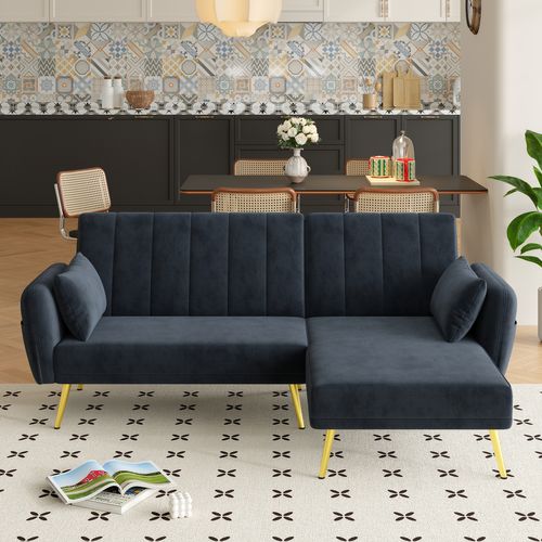 Canapé D’angle Convertible 3 Places, Méridienne, Dossier Réglable, 2 Coussins, Velours - Noir