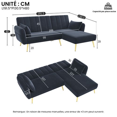 Canapé D’angle Convertible 3 Places, Méridienne, Dossier Réglable, 2 Coussins, Velours - Noir
