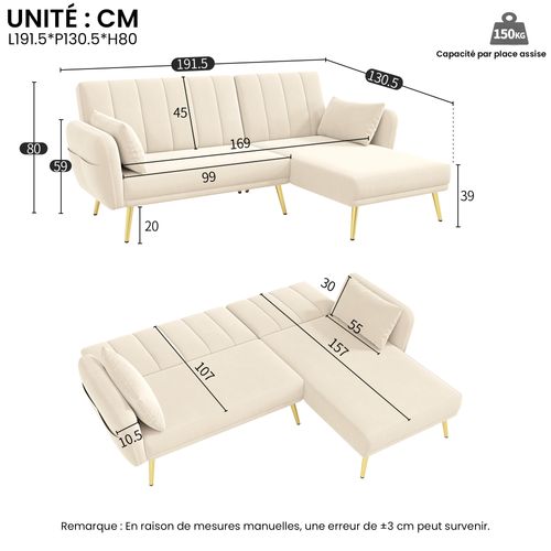 Canapé D’angle Convertible 3 Places, Méridienne, Dossier Réglable, 2 Coussins, Velours - Beige