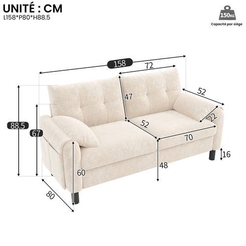 Canapé 2 Places Scandinave, Coussins Épais, Assise Chenille, Structure Fer Et Bois - Beige