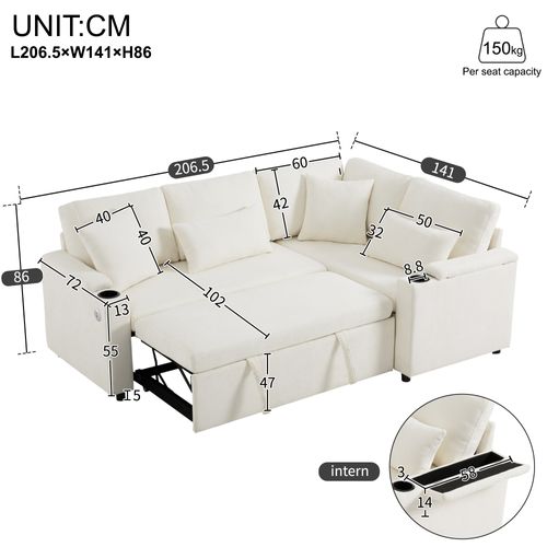 Canapé D’angle Convertible Avec Coffre, Porte-gobelets, Ports USB Et 4 Coussins Inclus, Beige