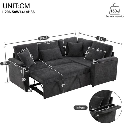Canapé D’angle Convertible Avec Coffre, Porte-gobelets, Ports USB Et 4 Coussins Inclus, Gris Foncé