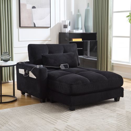 Méridienne Relax, Appui-tête Réglable, Poches Latérales, Ports USB, Mousse Épaisse, Velours Noir