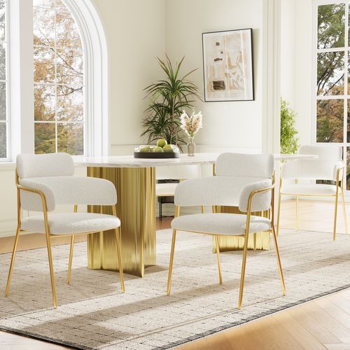 Lot 4 Chaises Salle à Manger, Ergonomiques, Assise Velours Bouclé, Pieds Dorés, Beige