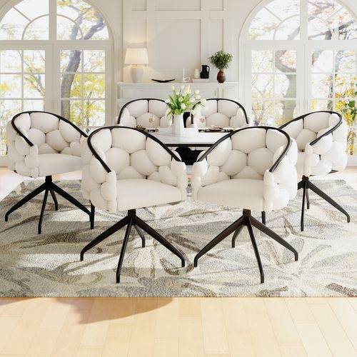 Lot 6 Chaises Pivotantes 360°, Accoudoirs Ergonomiques, Assise Velours Bouclé, Beige