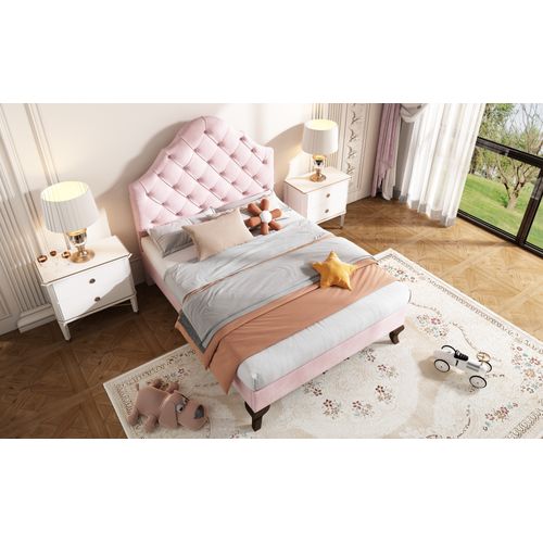 Lit Simple 90x200 Cm - Lit Capitonné En Velours Avec Tête De Lit Réglable, Design Moderne - Rose