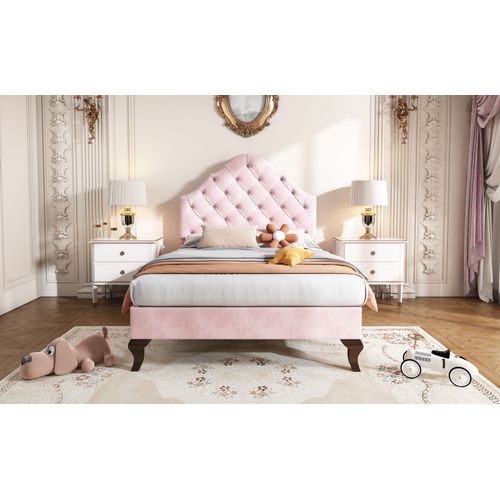 Lit Simple 90x200 Cm - Lit Capitonné En Velours Avec Tête De Lit Réglable, Design Moderne - Rose