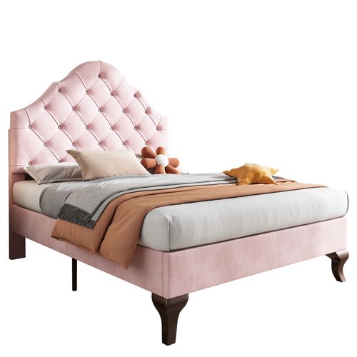 Lit Simple 90x200 Cm - Lit Capitonné En Velours Avec Tête De Lit Réglable, Design Moderne - Rose