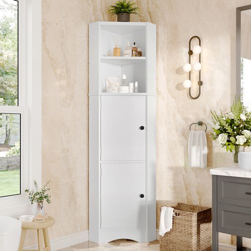 Meuble Salle De Bain 2 Portes, 2 Étagères Ouvertes - Mdf Résistant Humidité, Blanc