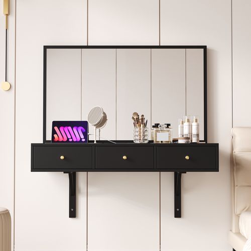 Coiffeuse Murale 3 Tiroirs Avec Miroir, Support Tablette Et Porte-gobelet - Suspendue, Noir