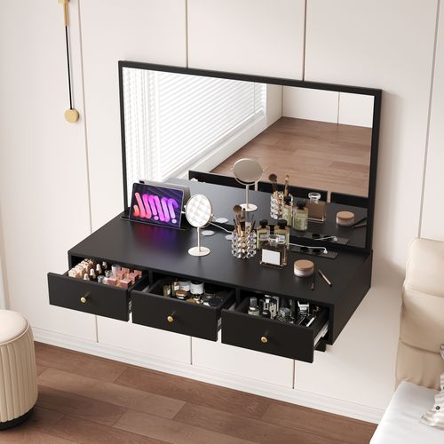 Coiffeuse Murale 3 Tiroirs Avec Miroir, Support Tablette Et Porte-gobelet - Suspendue, Noir