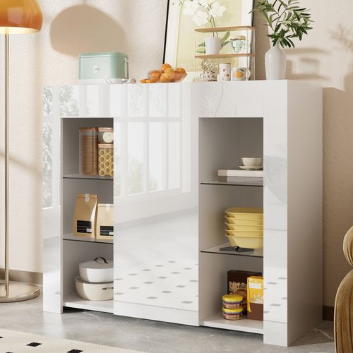 Buffet Blanc Avec Portes Et Étagères En Verre, Meuble De Rangement Moderne Pour Salon