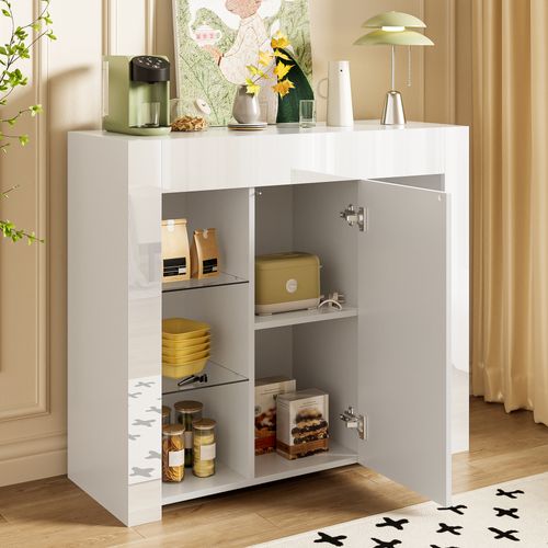 Buffet Blanc Avec Portes Et Étagères En Verre, Meuble De Rangement Moderne Pour Salon
