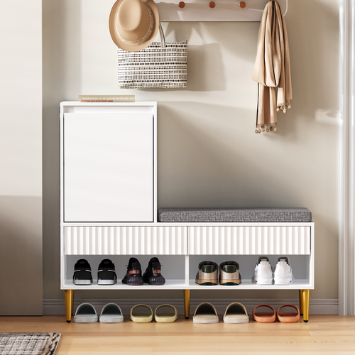Meuble à Chaussures Avec Banc Rembourré, 2 Tiroirs, 1 Porte, Étagères Ouvertes, Blanc
