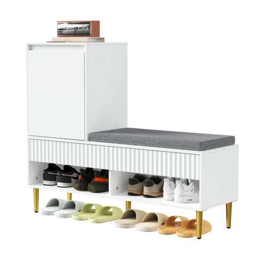 Meuble à Chaussures Avec Banc Rembourré, 2 Tiroirs, 1 Porte, Étagères Ouvertes, Blanc
