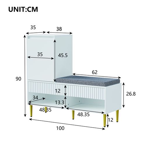Meuble à Chaussures Avec Banc Rembourré, 2 Tiroirs, 1 Porte, Étagères Ouvertes, Blanc