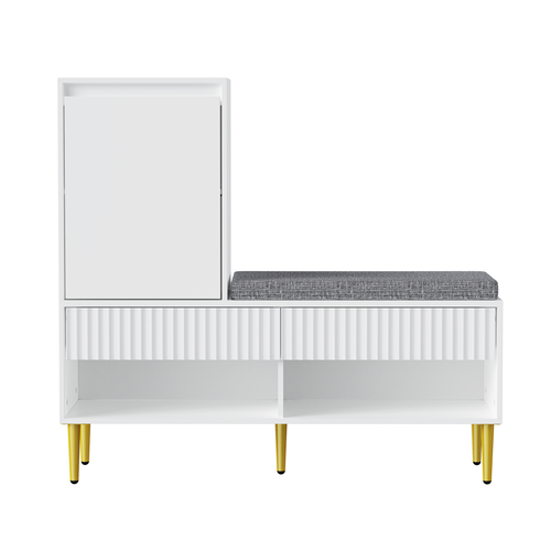 Meuble à Chaussures Avec Banc Rembourré, 2 Tiroirs, 1 Porte, Étagères Ouvertes, Blanc