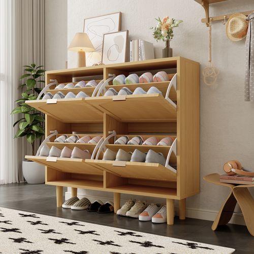 Meuble à Chaussures, 4 Tiroirs Pliants, Rangement Compact, Rotin Et Bois Clair, Naturel