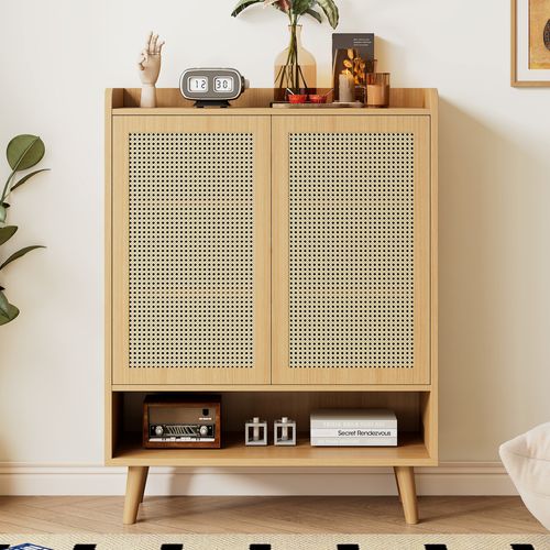 Meuble à Chaussures Rotin, 2 Portes, 1 Tiroir, 5 Étagères, Bois Et Rotin, Chêne Clair