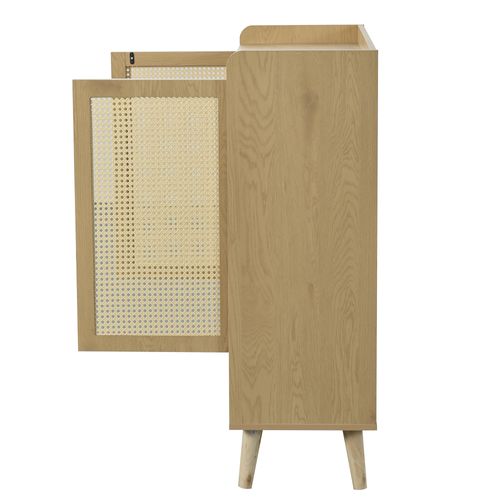 Meuble à Chaussures Rotin, 2 Portes, 1 Tiroir, 5 Étagères, Bois Et Rotin, Chêne Clair