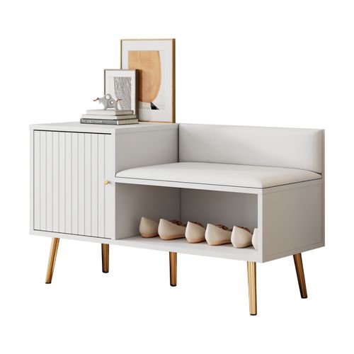 Meuble à Chaussures Moderne Avec Banc, Rangement, Assise Rembourrée, Dossier, Poignées Métal, Blanc