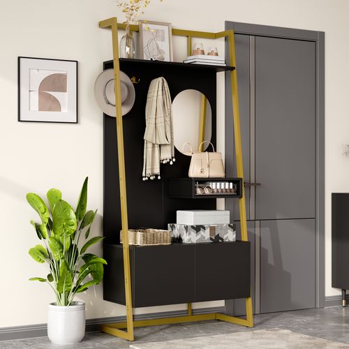 Meuble D’entrée 2 Portes, Espace Chaussures, Vestiaire Compact, Panneaux Particules/métal, Noir