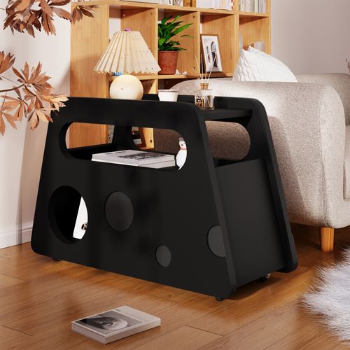 Table D’appoint Noire, Mobile, Roulettes, Gain De Place Salon/chambre, Mdf/panneaux Particules