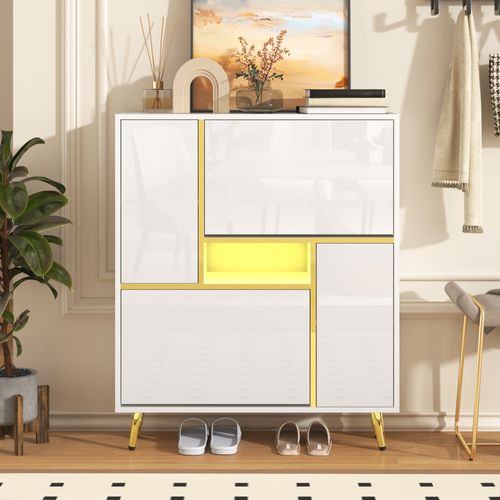 Meuble à Chaussures Moderne Blanc Brillant, LED 16 Couleurs, Entrée/salon, Panneaux De Particules