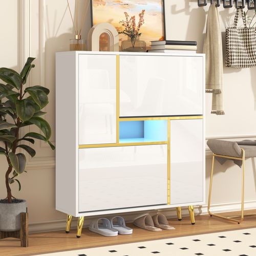Meuble à Chaussures Moderne Blanc Brillant, LED 16 Couleurs, Entrée/salon, Panneaux De Particules