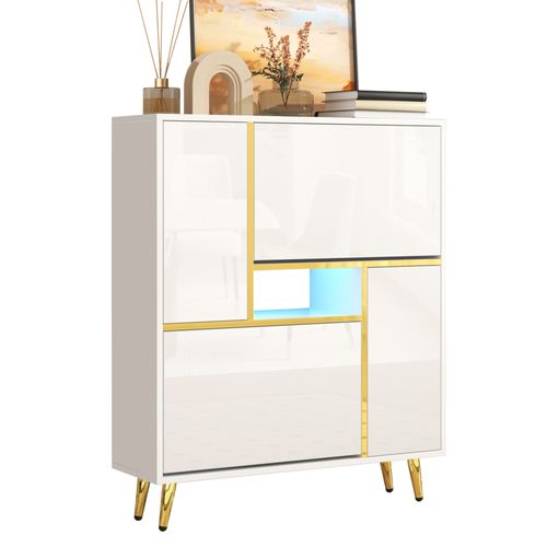 Meuble à Chaussures Moderne Blanc Brillant, LED 16 Couleurs, Entrée/salon, Panneaux De Particules