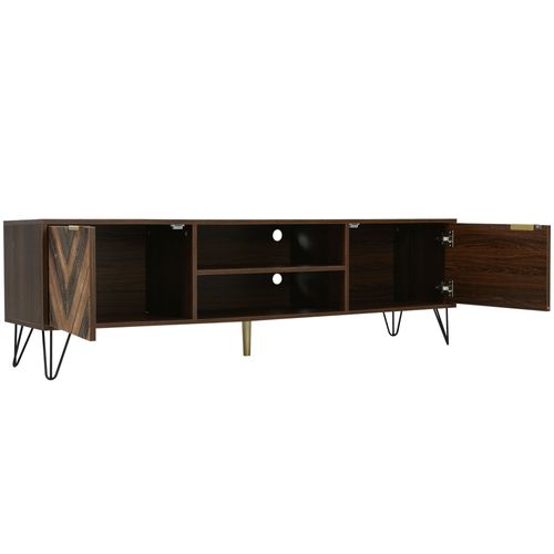 Meuble TV Moderne Bois Plaqué, 2 Portes, Pieds Métal, Design Contemporain, Poignées Dorées, Marron
