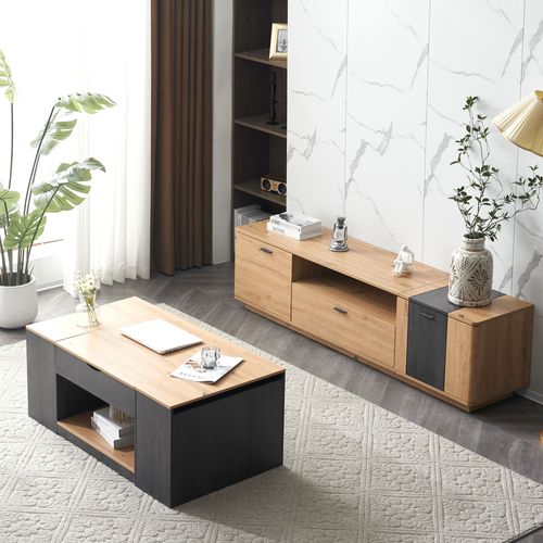 Table Basse Relevable, 3 Compartiments, Rangement Ouvert, Mdf, Gris/brun