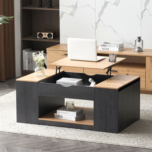 Table Basse Relevable, 3 Compartiments, Rangement Ouvert, Mdf, Gris/brun