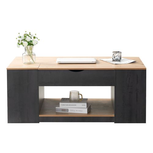 Table Basse Relevable, 3 Compartiments, Rangement Ouvert, Mdf, Gris/brun