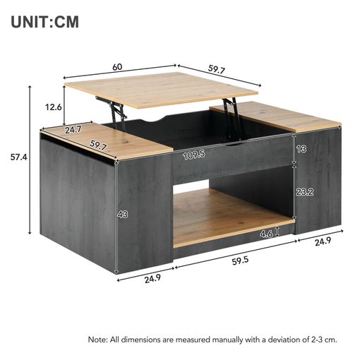 Table Basse Relevable, 3 Compartiments, Rangement Ouvert, Mdf, Gris/brun