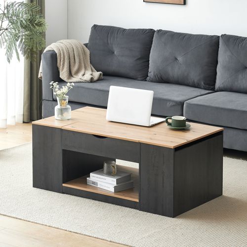 Table Basse Relevable, 3 Compartiments, Rangement Ouvert, Mdf, Gris/brun