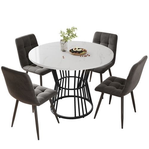 Table à Manger Ronde, Pieds Métal Noir, Plateau Effet Marbre, Mdf/métal, Blanc