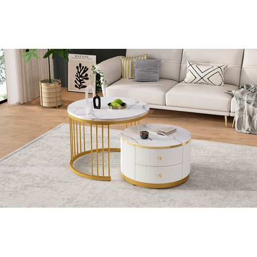 Tables Basses Gigognes 2 Pièces Avec 2 Tiroirs - Ensemble De Salon Design En Mdf Effet Marbre - Or