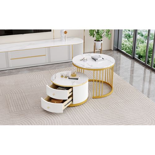 Tables Basses Gigognes 2 Pièces Avec 2 Tiroirs - Ensemble De Salon Design En Mdf Effet Marbre - Or