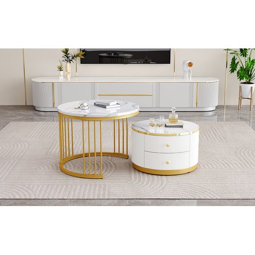 Tables Basses Gigognes 2 Pièces Avec 2 Tiroirs - Ensemble De Salon Design En Mdf Effet Marbre - Or